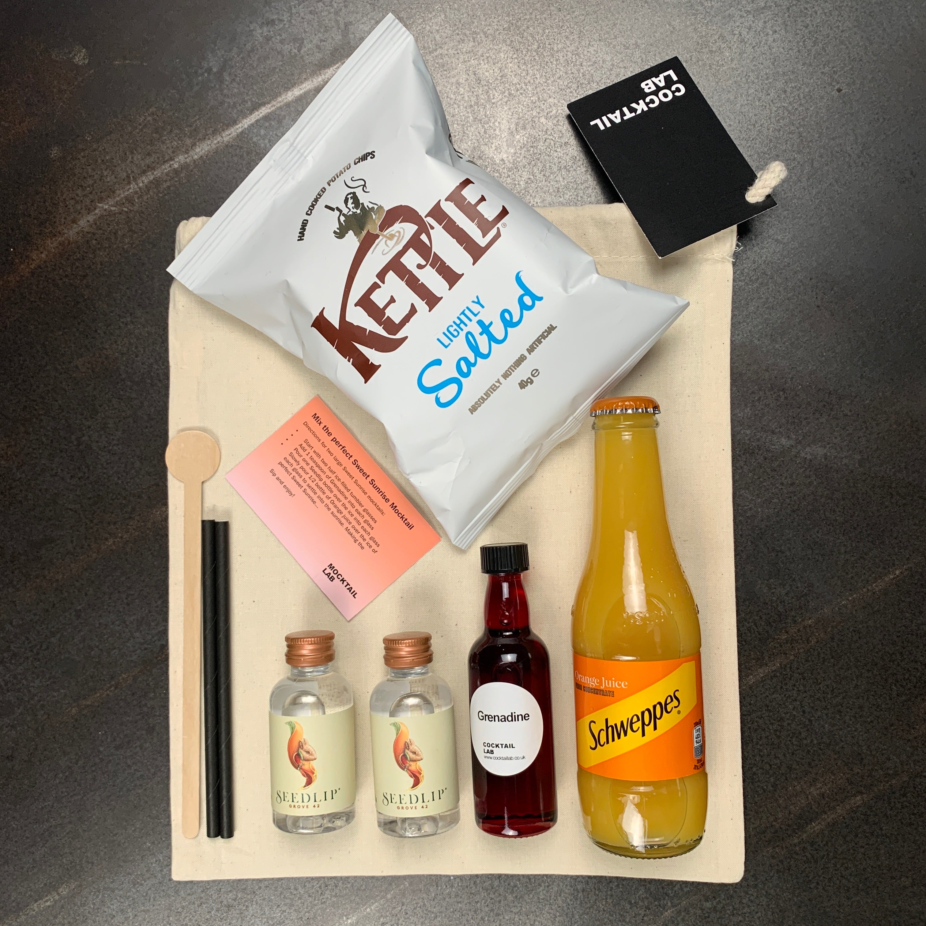 Sweet Sunrise Mocktail Kit & Crisps Gift Bag Contents
