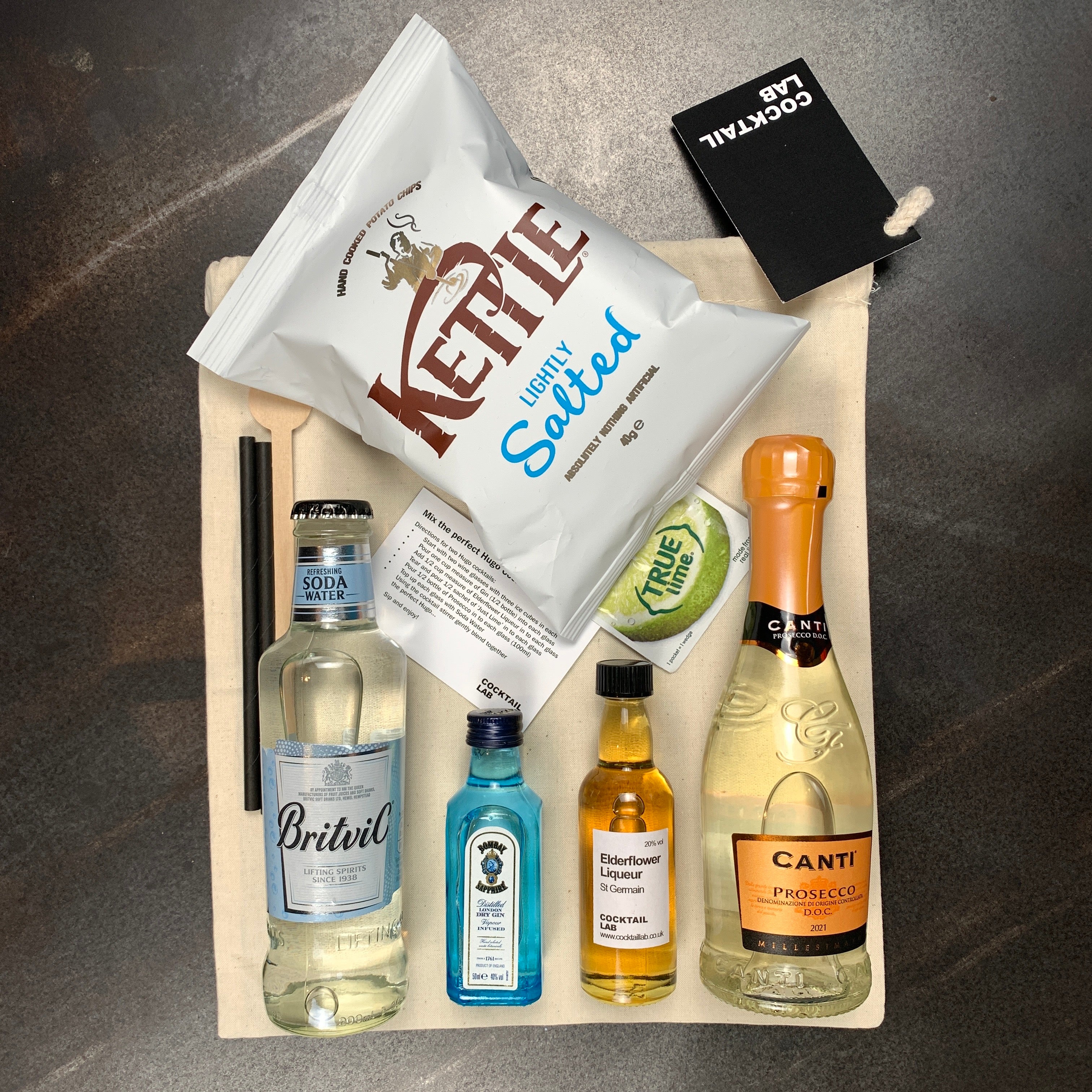Gin Hugo Cocktail Kit & Crisps Gift Bag Contents